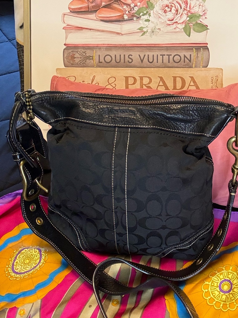 Coach Vintage Legacy Signature Black Jacquard Canvas Leather Shoulder Hobo Y2K